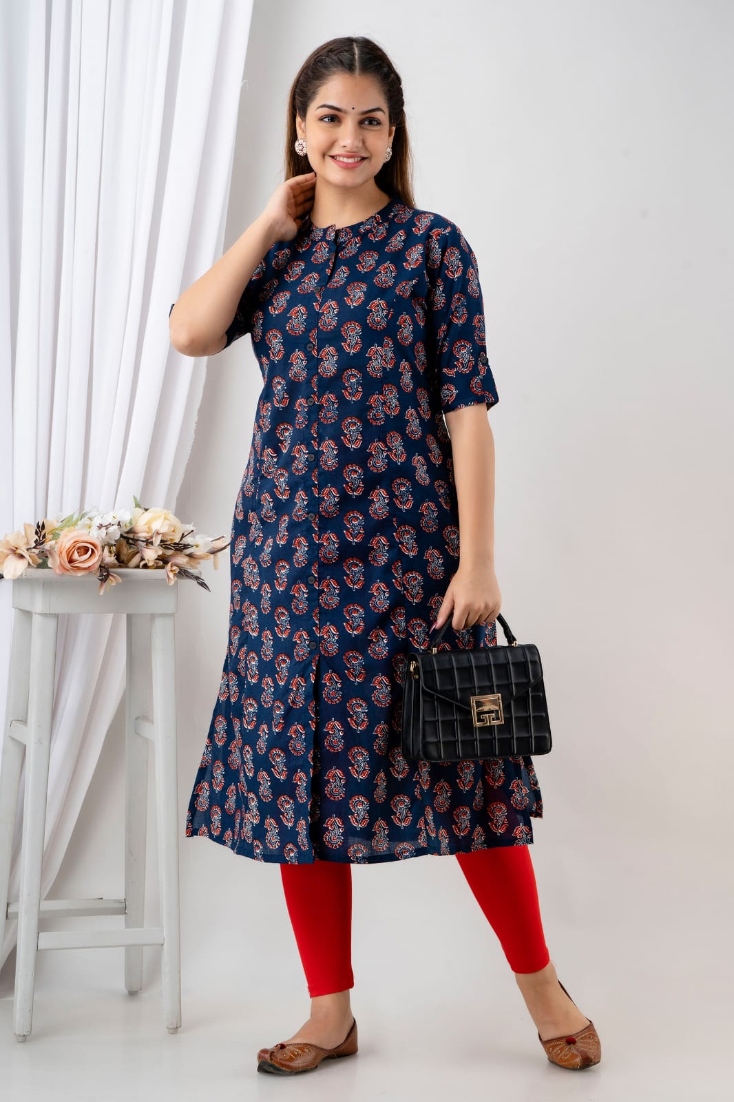 Navy blue handloom cotton checkered formal dress with front pocket – Sujatra
